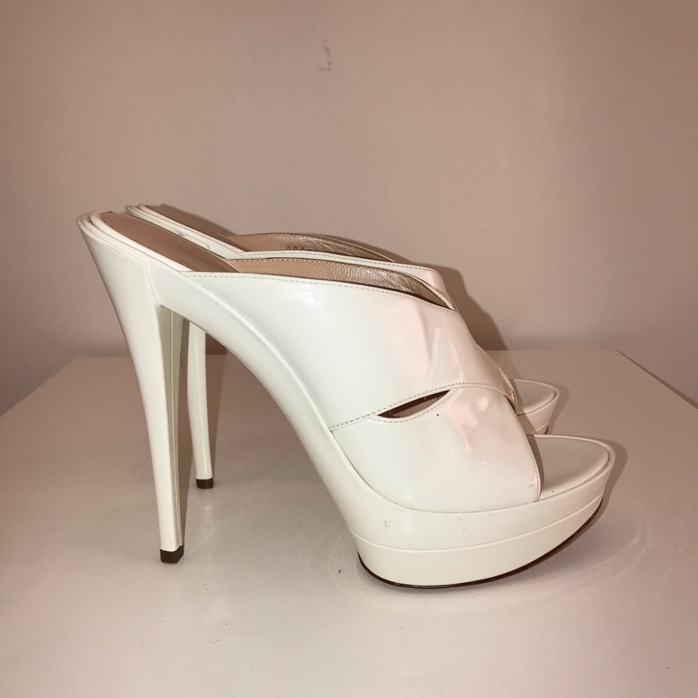 CASADEI WHITE PATENT CRISS CROSS SANDALS